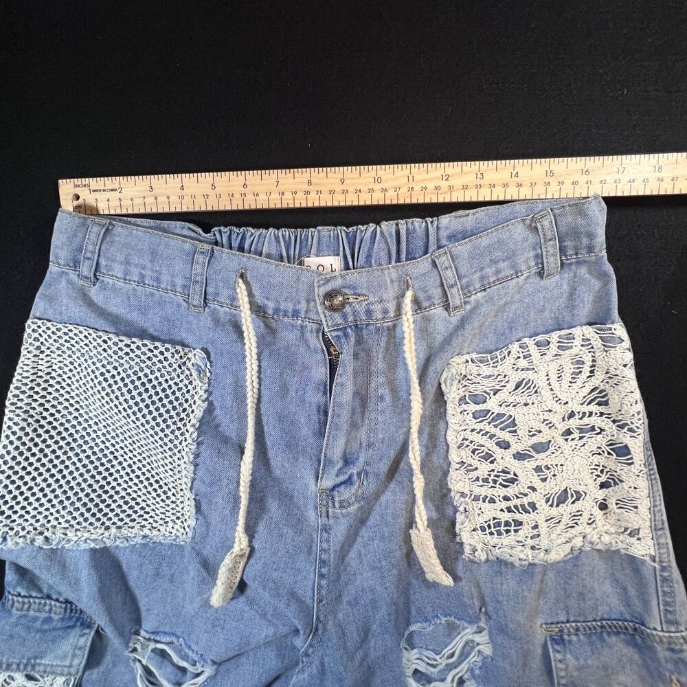 POL Boho Distressed Crochet Patchwork Denim Joggers Large - Picture 5 of 7